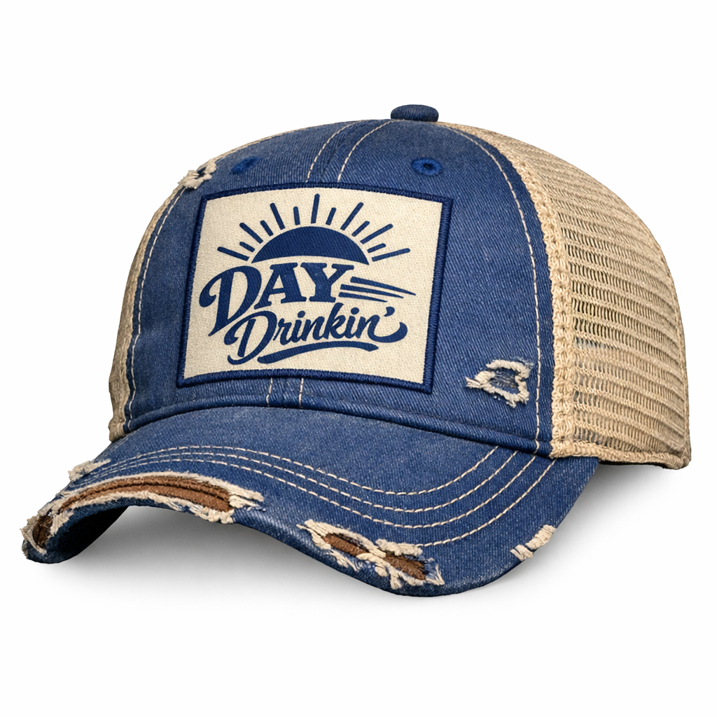 Day Drinkin' distressed blue trucker hat for beer lovers, patio pints, golf outings, vacations, and summer fun