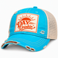 Day Drinkin' distressed turquoise trucker hat for poolside afternoons, patio season, vacations, and beer lovers