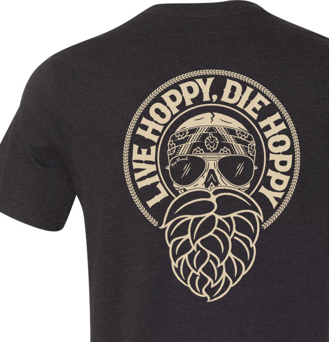 Hand printed beer graphic tee with bold hop and biker design