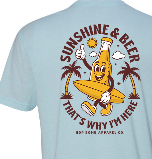 Sunshine & Beer graphic tee for craft beer lovers, beach vacations, tropical getaways, and summer adventures
