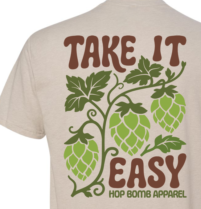 Take It Easy graphic tee inspired by hops on the bine and a laid-back craft beer lifestyle