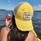 Vintage Distressed Trucker Cap - "Sunshine and Beer That's Why I'm Here" These distressed beer hats are incredibly comfortable. Most trucker caps are rigid, but these vintage unstructured caps are made of a cotton/polyester blend with a soft mesh back that makes them fit more like a "Dad Hat." Now in Canada.